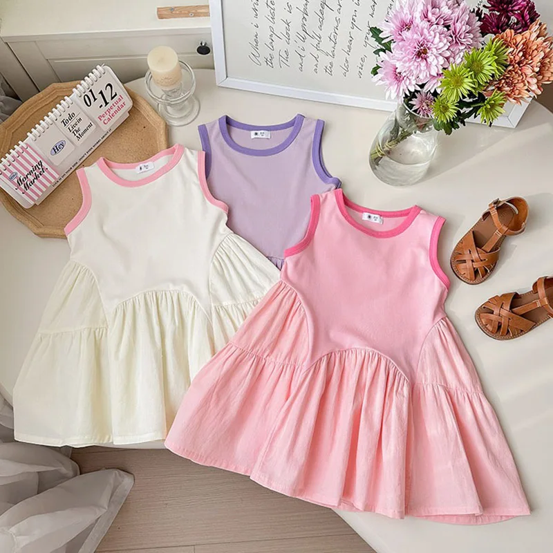 

Хлопковое платье миди без рукавов для девочек, однотонное абрикосовое, с рюшами, милое, повседневное, в корейском стиле, пляжное