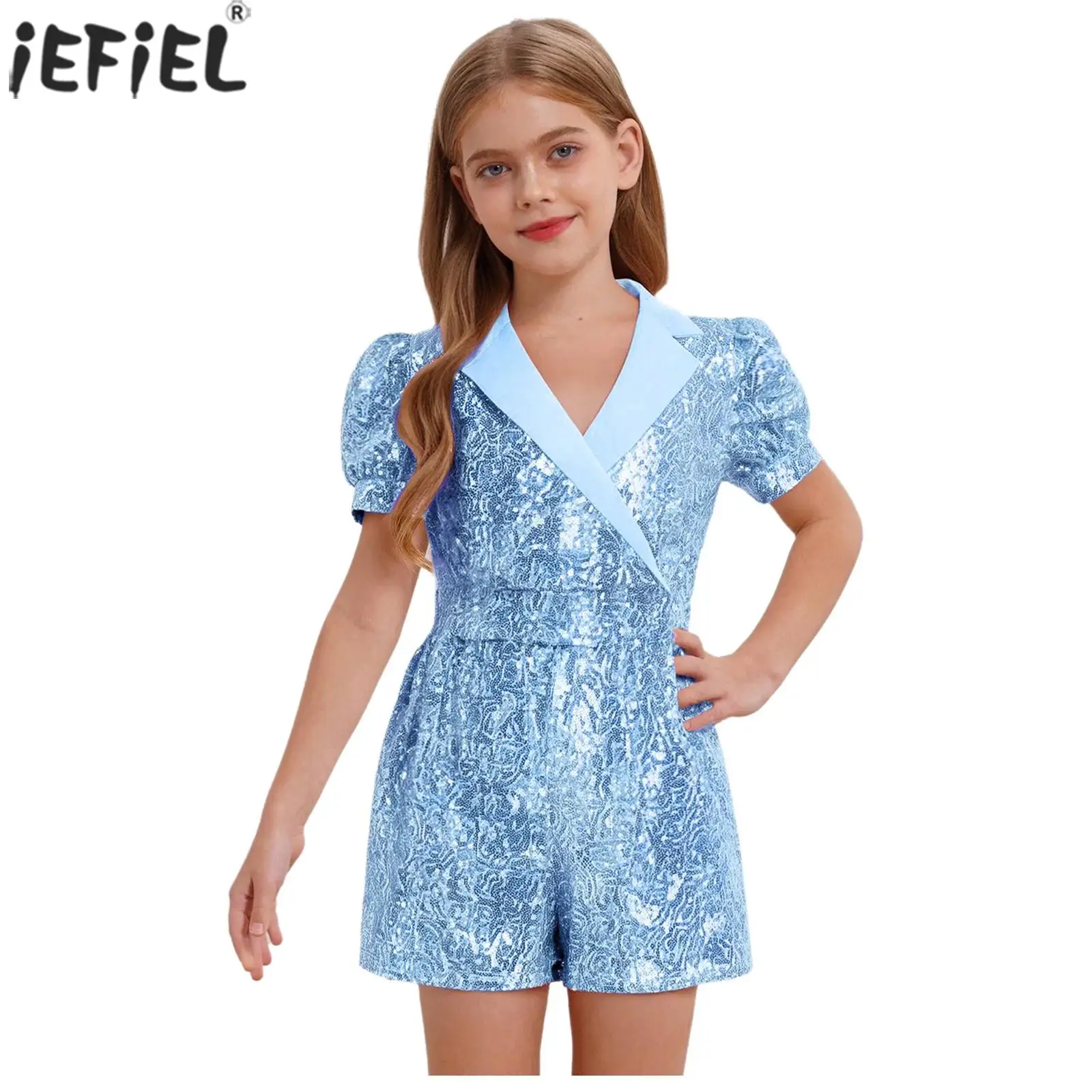 

Kids Girls Shiny Sequins Elegant Jumpsuit Lapel Short Sleeve High Waist Romper for Pageant Wedding Birthday Party Banquet Prom