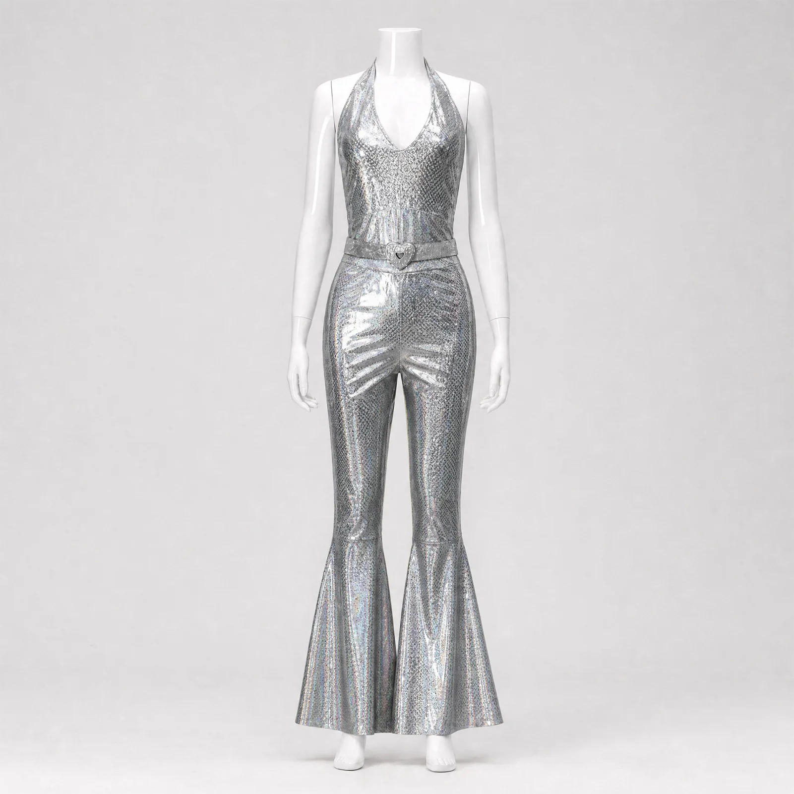 Funkelnder Metallic-Discobodysuit für Damen, ärmellos, mit V-Ausschnitt, rückenfrei, Schlaghose, 70er-Jahre-Nachtclub-Bühnen-Cosplay-Outfit – Detail 26