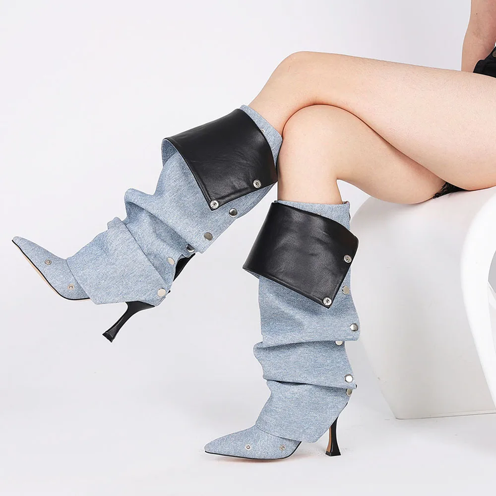 أحذية طويلة بكعب عالٍ مدببة من دوراتاسيا للنساء ، أحذية عالية قابلة للطي فوق الركبة ، أحذية برشام بسحاب ، أزياء