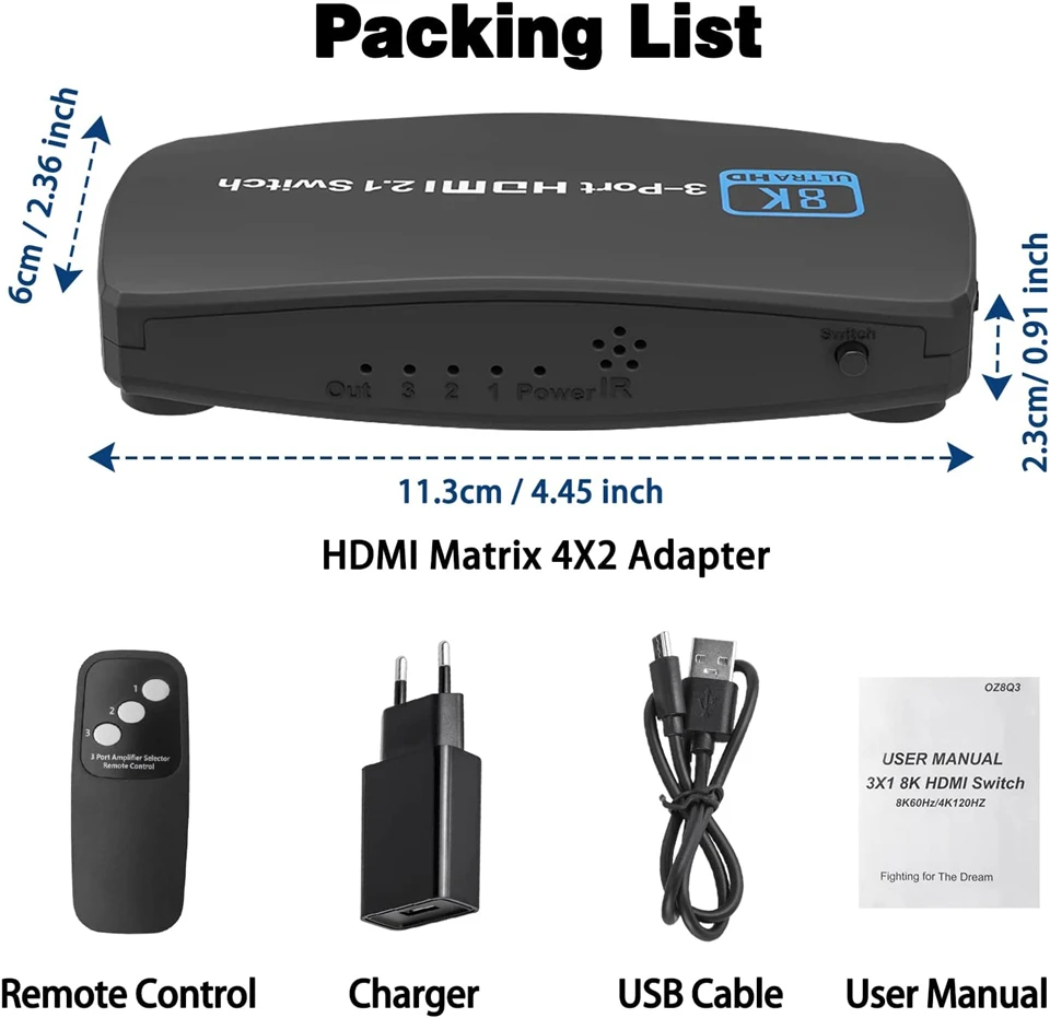 2023 przełącznik HDMI 2.1-kompatybilny 3 w 1 wyjście 2 w 1 wyjście 8K 60Hz 4K 120Hz przełącznik Splitter adapter pilot na podczerwień do projektora