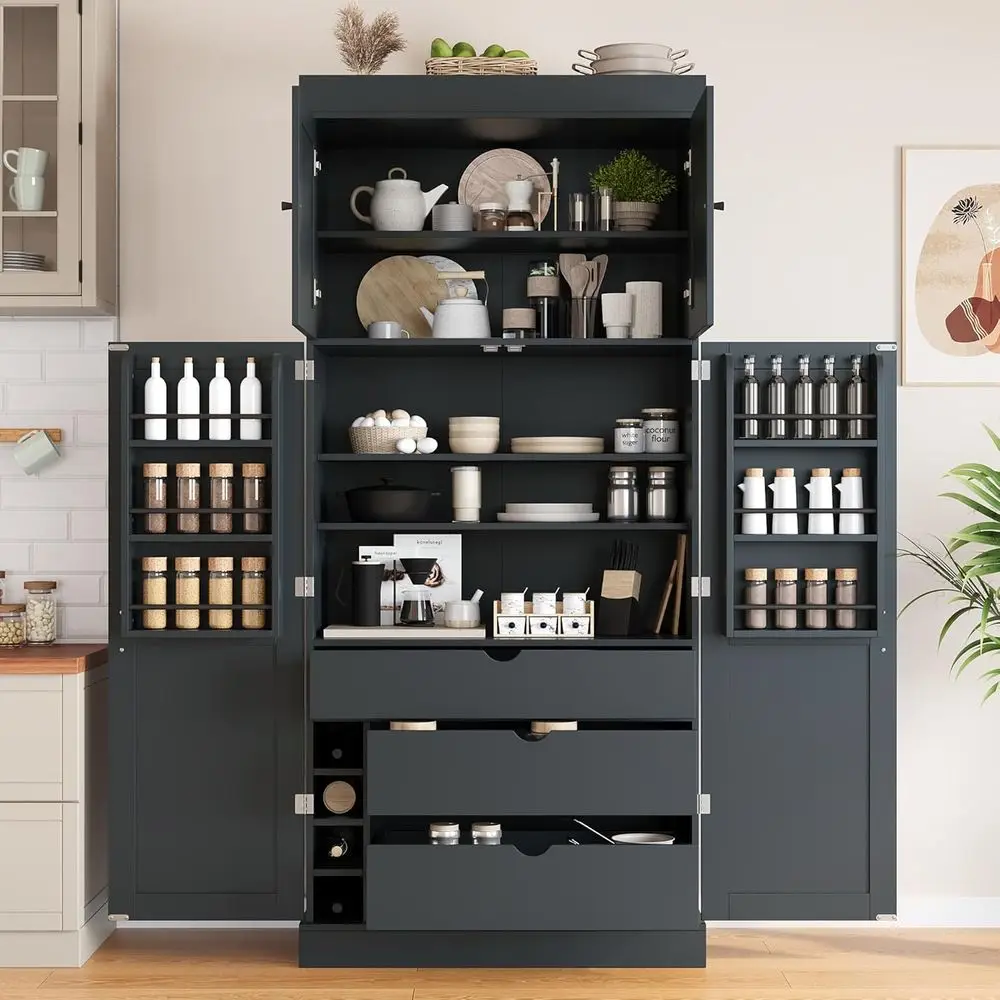 

Gray 77 Tall Kitchen Storage Cabinet with 4 Doors, Wine Rack, and Adjustable Shelves for Kitchens and Dining Rooms