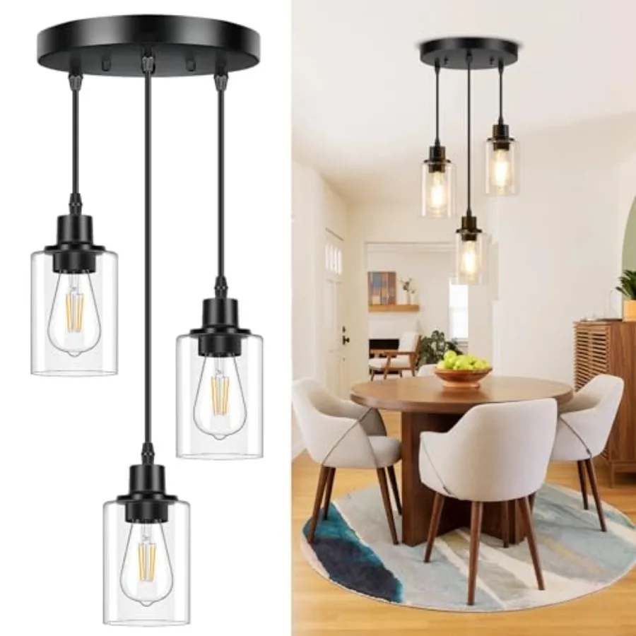 

3-Light Pendant Light Fixtures Black Pendant Lights Kitchen Island Adjustable Pendant Lighting with Clear Glass Shade Modern Ha