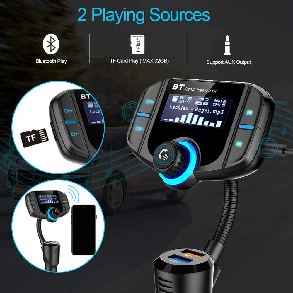 Bt70 Fm Transmitter Car Radio Bluetooth Kit Dual USB Qc3.0 Wireless Mp3 Player Charger Adapter Hands-Free Bt Tuner