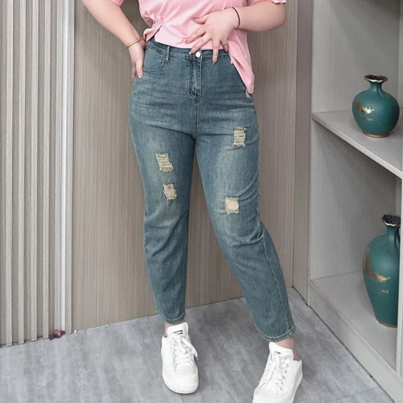 2024 Summer Ripped Jeans Female Plus Size Women Stretch Thin Denim Casual Straight Leg Ankle-Length Pants