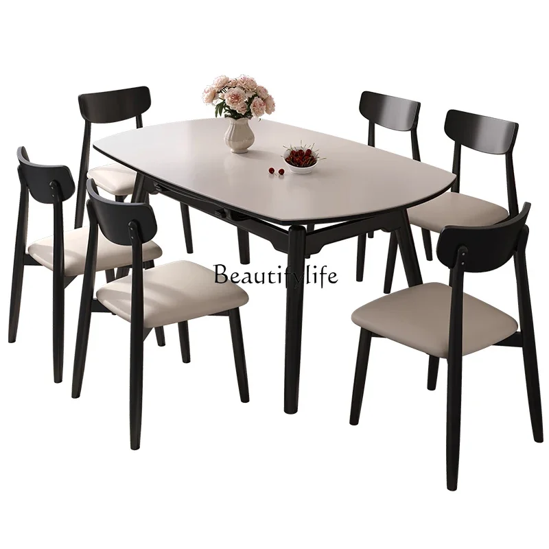 

Wabi Sansan black rock slab dining table retractable solid wood long square table becomes round table