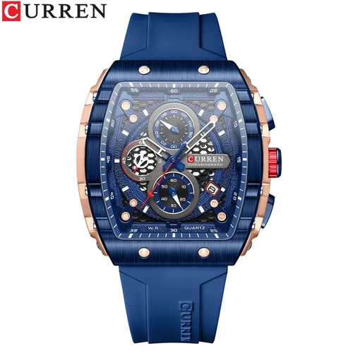 CURREN 8442 Reloj deportivo de moda con esfera grande y diseño hueco rectangular único Reloj de cuarzo con cronógrafo automático de fecha