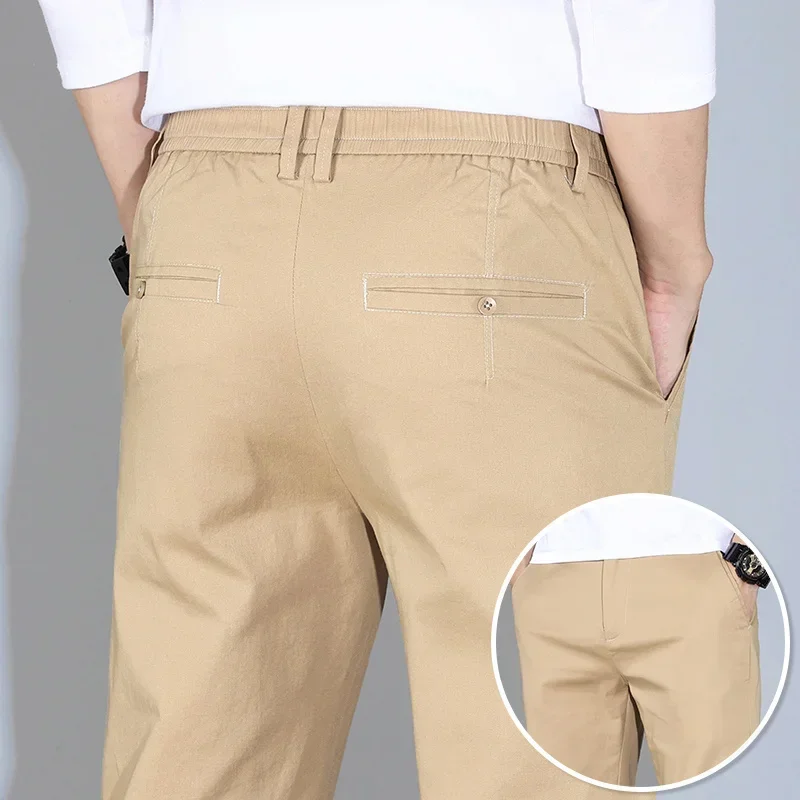 Summer Casual Men Soft Comfortable Khaki Gray Elastic Waist Business Straight Trousers Ultra-thin Ice Silk Pants Brand Clothing