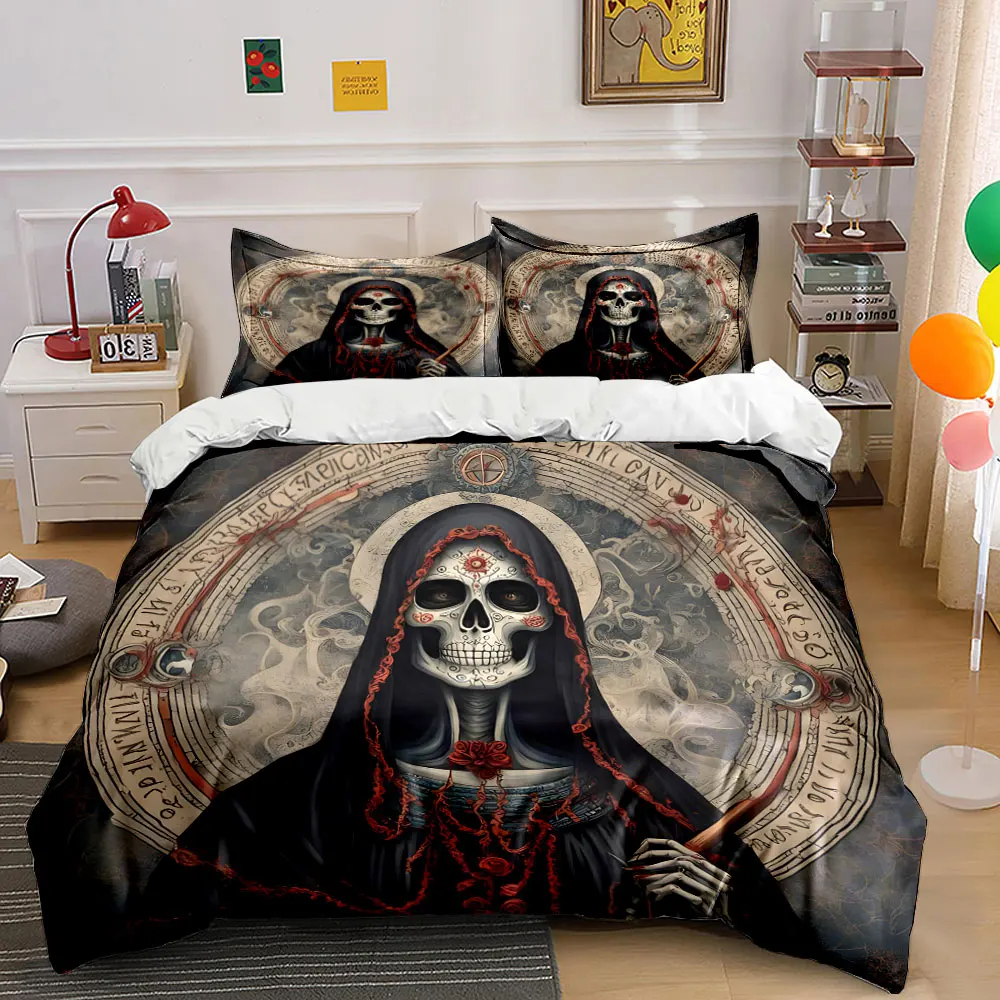 3pcs Skeleton Nun Death Saint Pattern Duvet Cover Set Digital Print Colorful Polyester Bedding with Zipper Closur for gifts