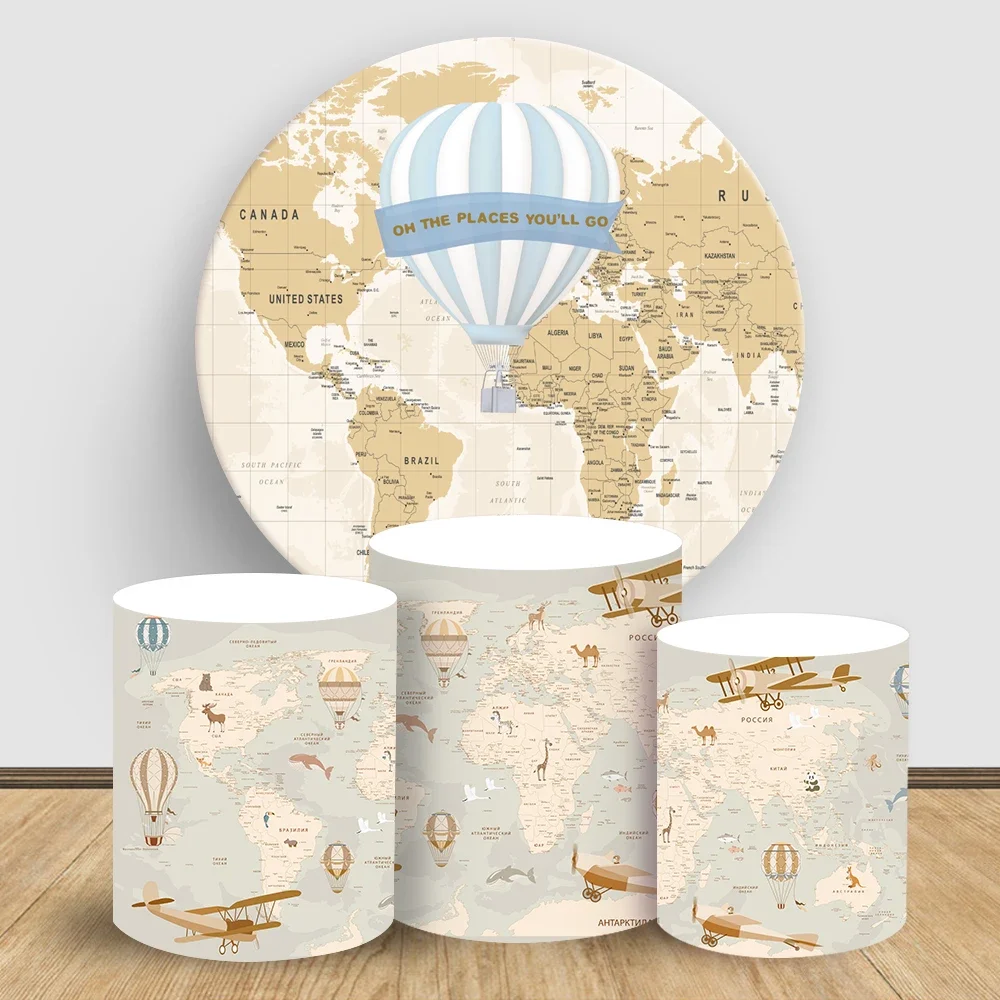 

Adventure Theme Round Backdrop Map Hot Air Balloon Custom Elastic Cylinder Cake Tablecloth Cover Cartoon Retro Party Decorations