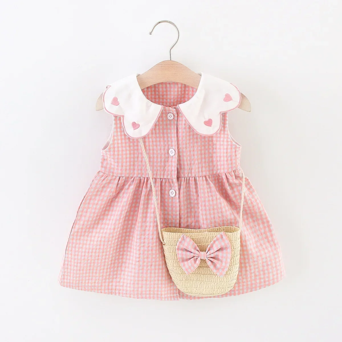 New Summer Baby Girls Dress Round Neck A-Line Dress Love Embroidery + Crossbody Bag Birthday Party Dress (0-3 Years Old Baby Gir