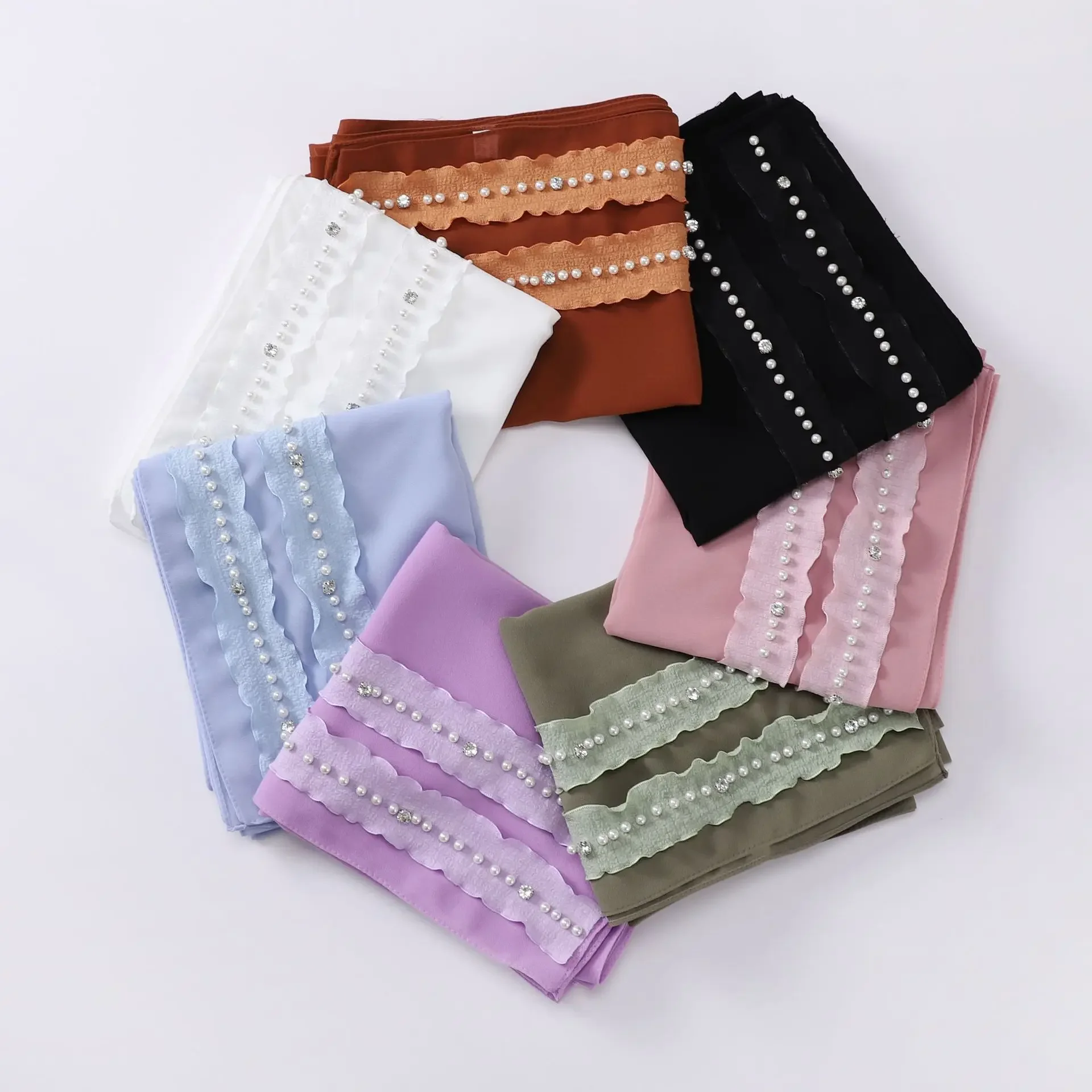 高級ビーズパールシフォンヘッドスカーフ、無地ソフトロングムスリムスカーフ、女性用ヒジャブ、ムスリム女性用ショール＆ラップ、スカーフ、新品