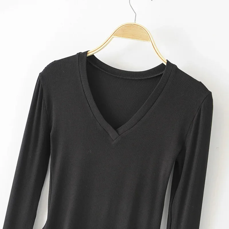 BRADELY MICHELLE Sexy Women Slim Long Sleeve V-neck Tops Cotton Knitted Bodysuits with Hidden Button Jumpsuis