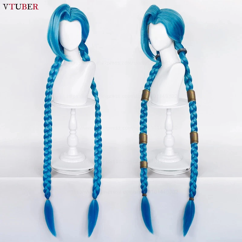 

LOL Jinx Cosplay Wig Long Braided Blue The Loose Cannon Wig with Blue Braids Heat Resistant Synthetic Hair Anime Wigs + Wig Cap