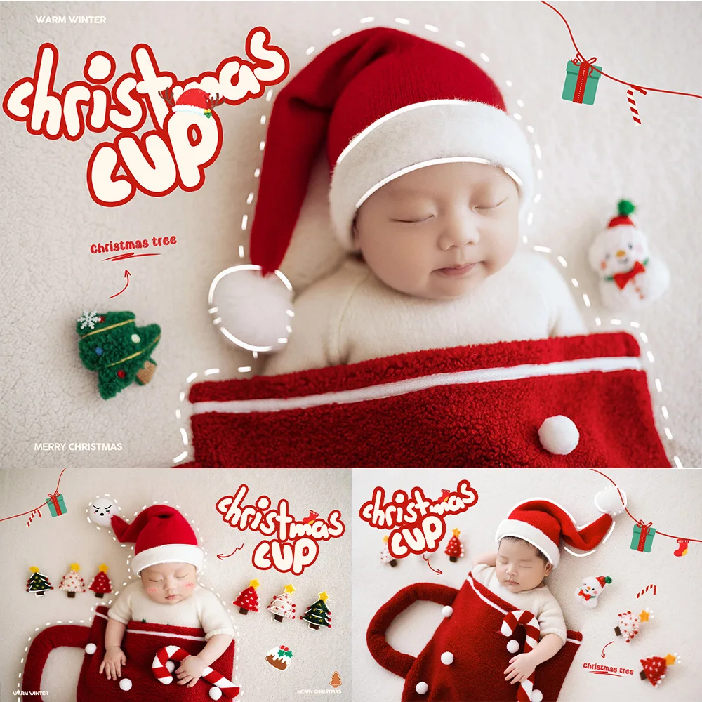 

Baby Christmas Hat+Knitted Jumpsuit Set Newborn Photography Outfit Soft Plush Pocket Background Handmade Xmas Props Studio Photo