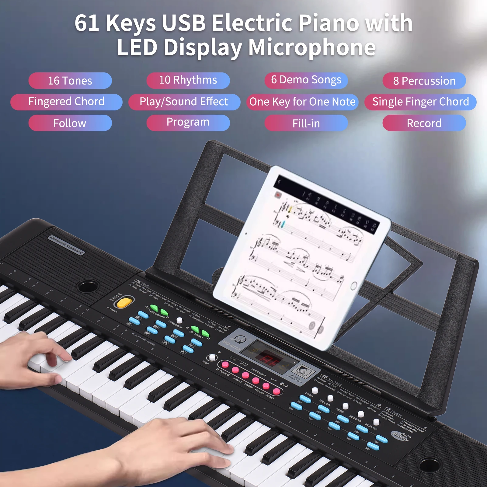 61 Keys USB Electronic Organ with Microphone Black Digital Music Electronic Keyboard LED Display with 16 Tones 10 Rhythms