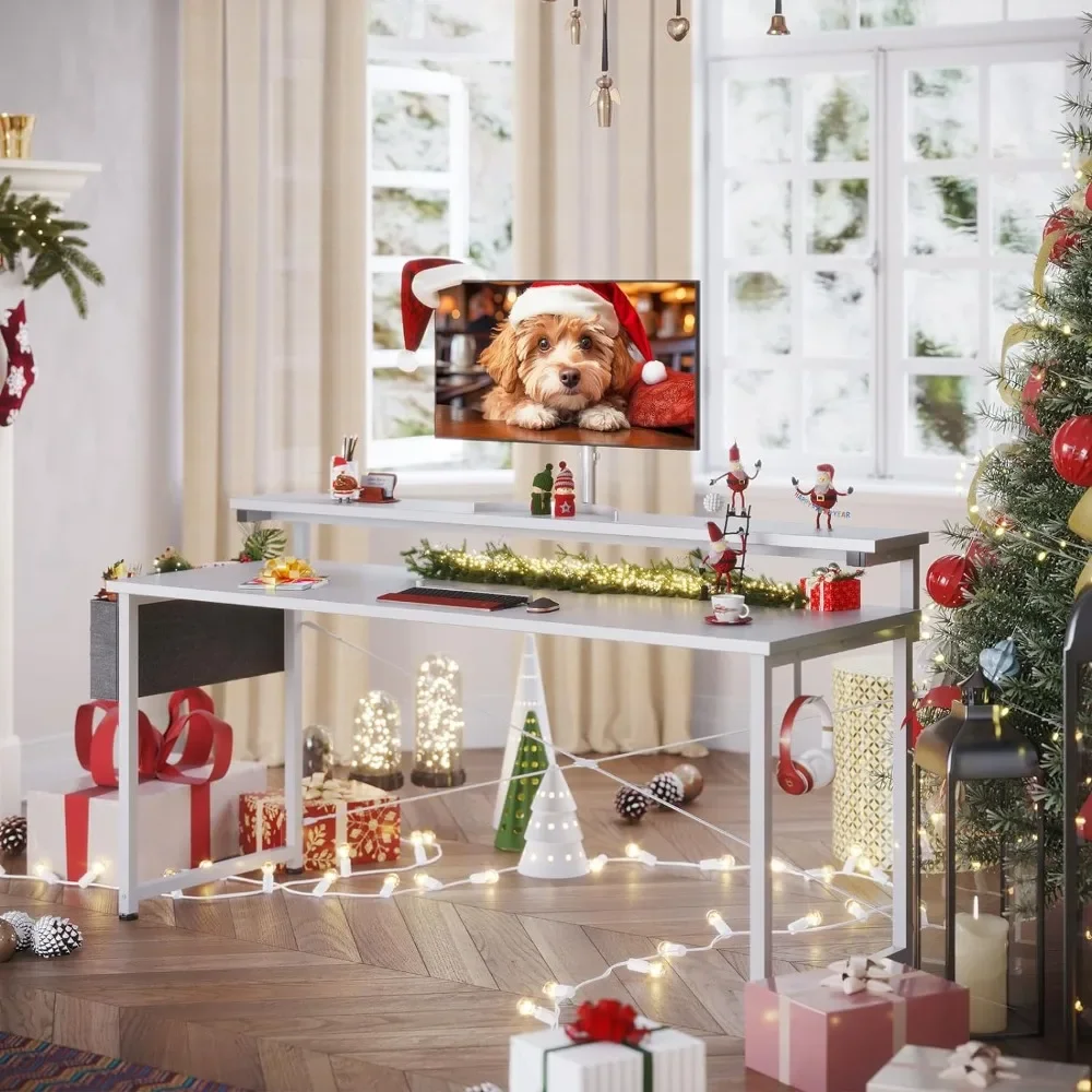 Computer Desk with Adjustable Monitor Shelves, 63 inch Home Office Desk with Monitor Stand, Writing Desk, Study Workstation