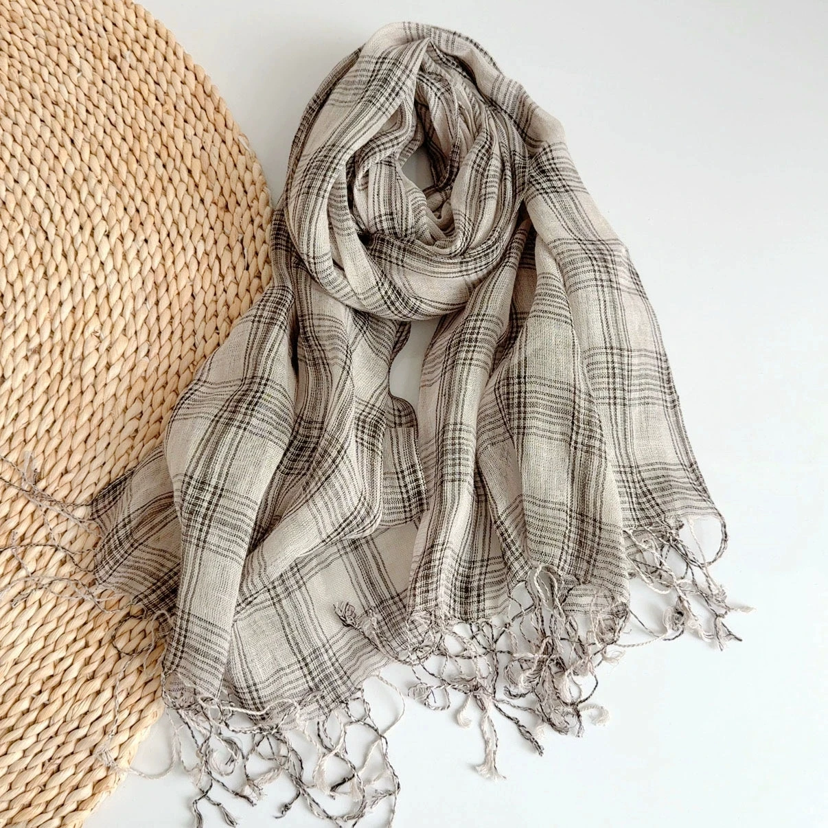 2026 New 100% Natural Linen Striped Plaid Woman/Man Summer Scarf Hijab Shawls Large Size Scarves With Tassels 65*200cm