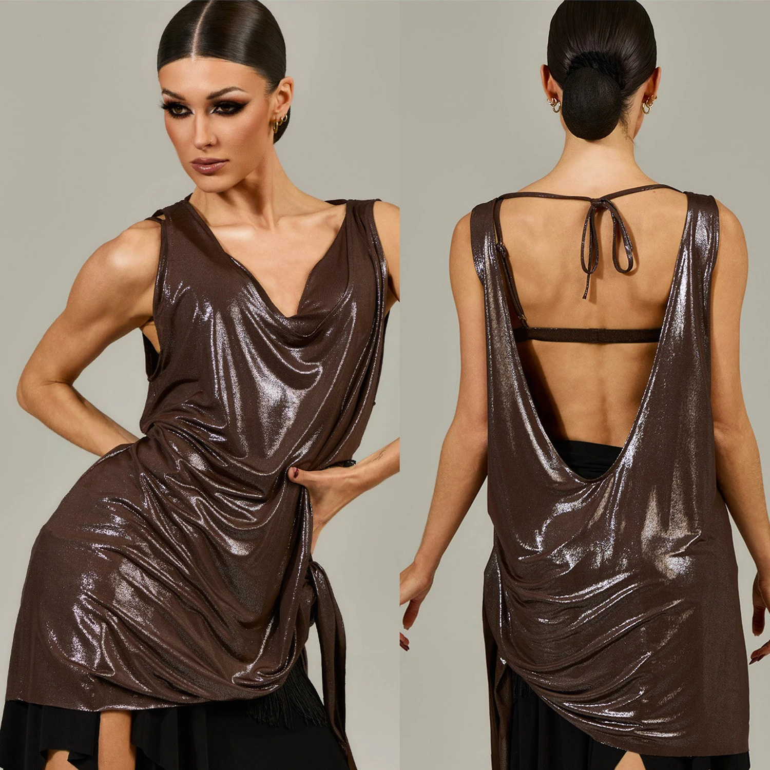 

Костюм для латинских танцев для взрослых, женское свободное платье без спинки, коричневое платье Gossy, топы для танцев ча-ча-румба, платье для выступлений и соревнований DNV26789