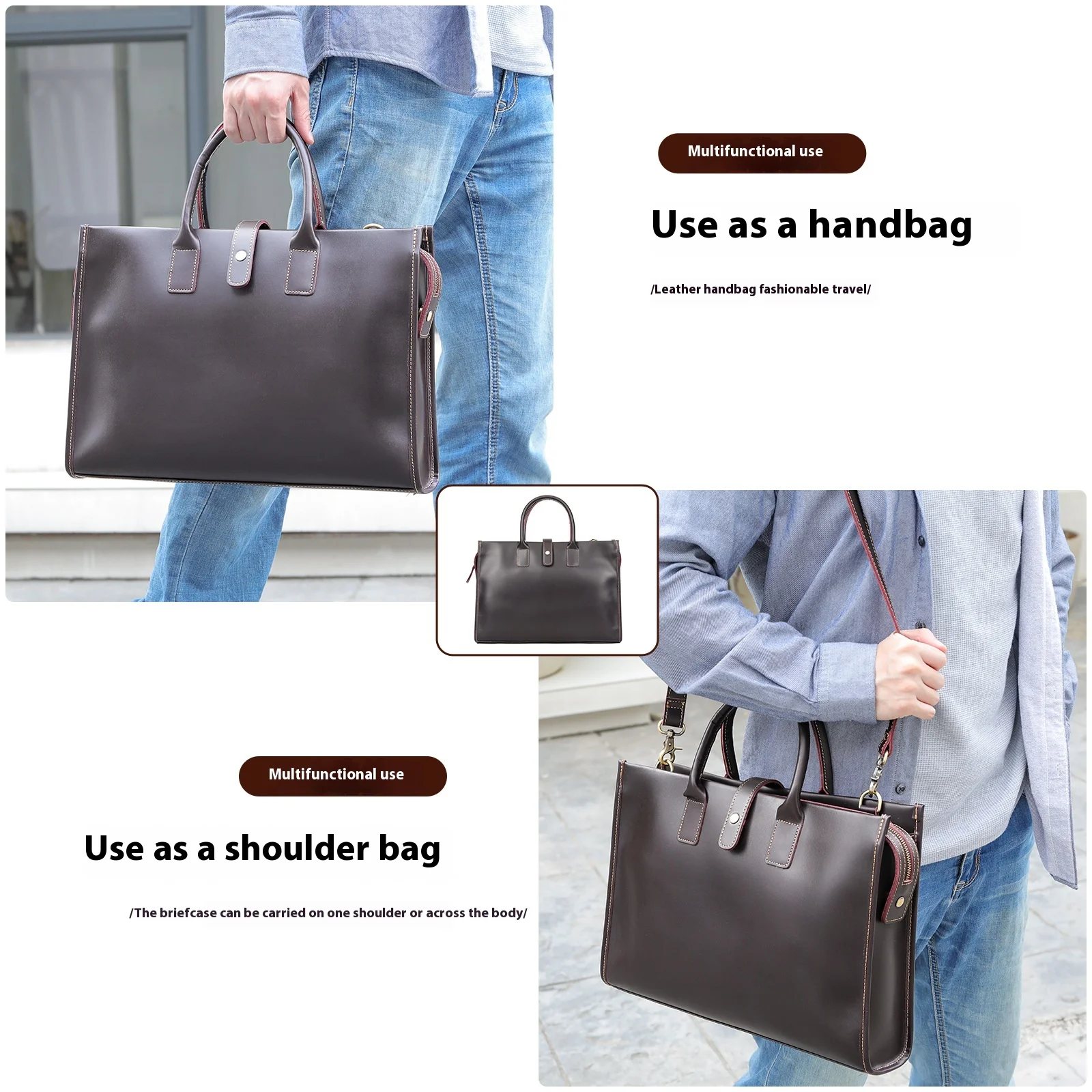 Men's Leather Business Briefcase Laptop Bag Handbag with Shoulder Strap