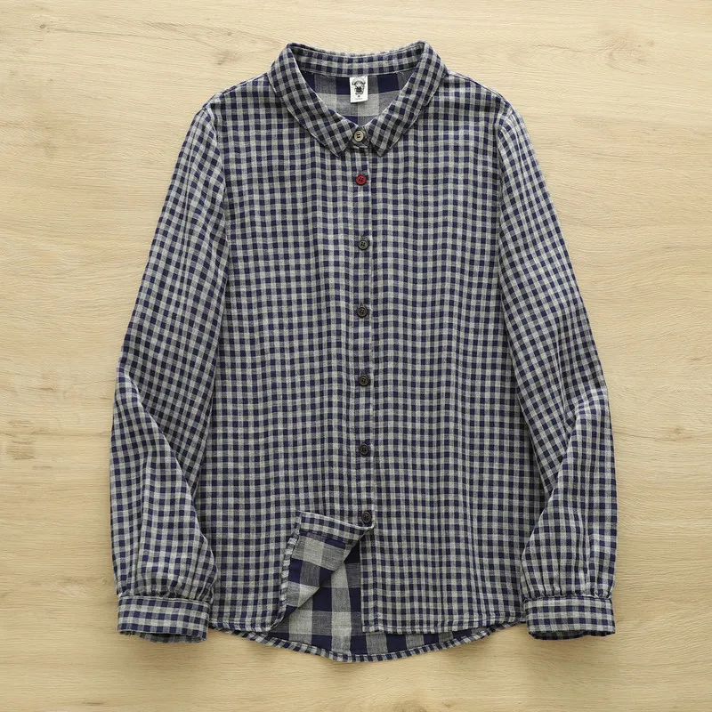 جديد 2025 الخريف غزل القطن قميص طويل الأكمام ، المرأة بدوره إلى أسفل طوق منقوشة ، موري فتاة موضة تخفيف بلوزة فضفاضة T59188CC