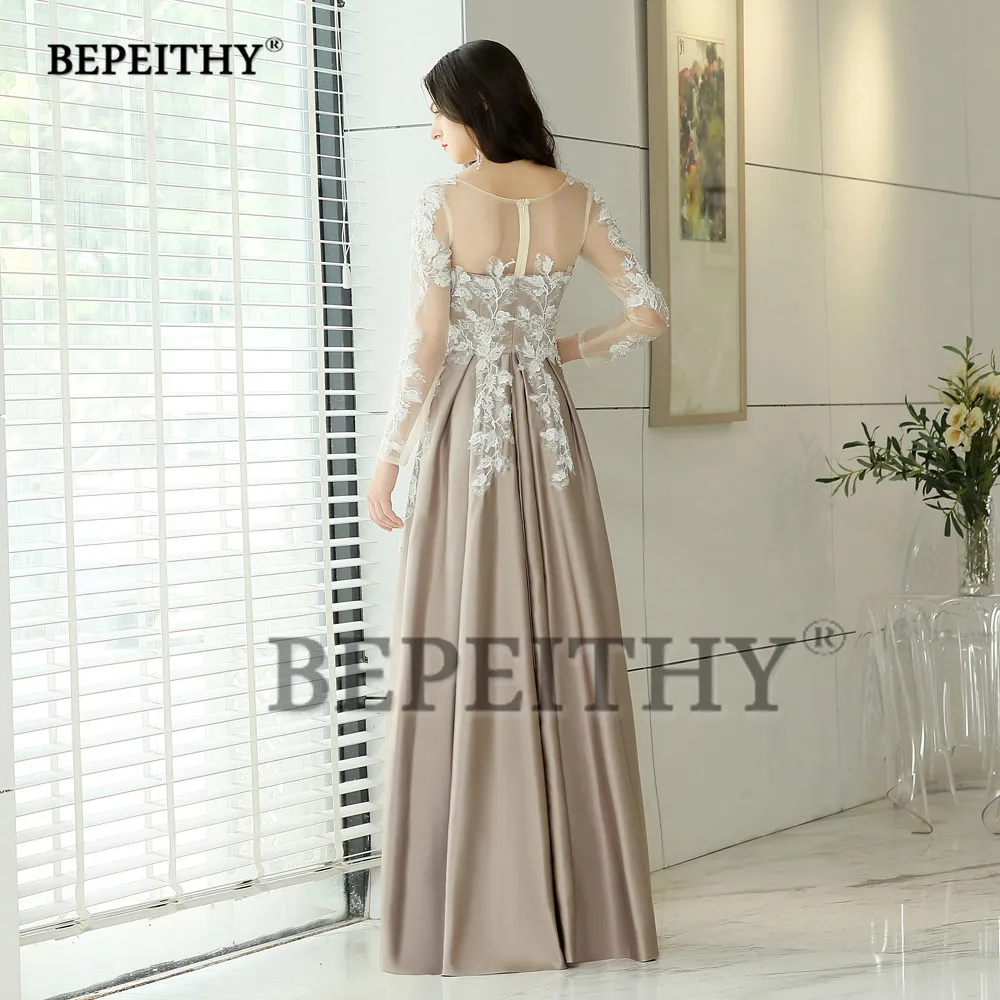 BEPEITHY Customized Full Sleeves Evening Dresses For Women O-neck Lace Appliques Prom Vestido De Noche A-line Satin Gowns Female