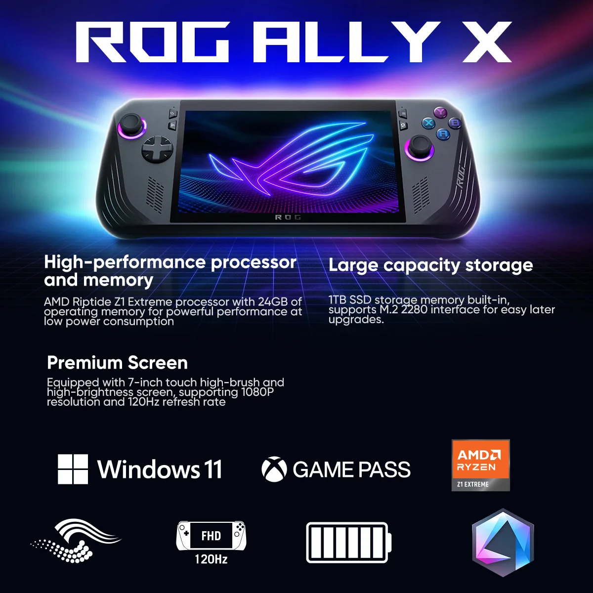 ASUS ROG Ally x มือถือสำหรับเล่นเกม7นิ้ว120Hz FHD 1080P AMD Ryzen Z1สุดขีดวิดีโอเกมเกมย้อนยุคคอนโซล1TB Windows 11