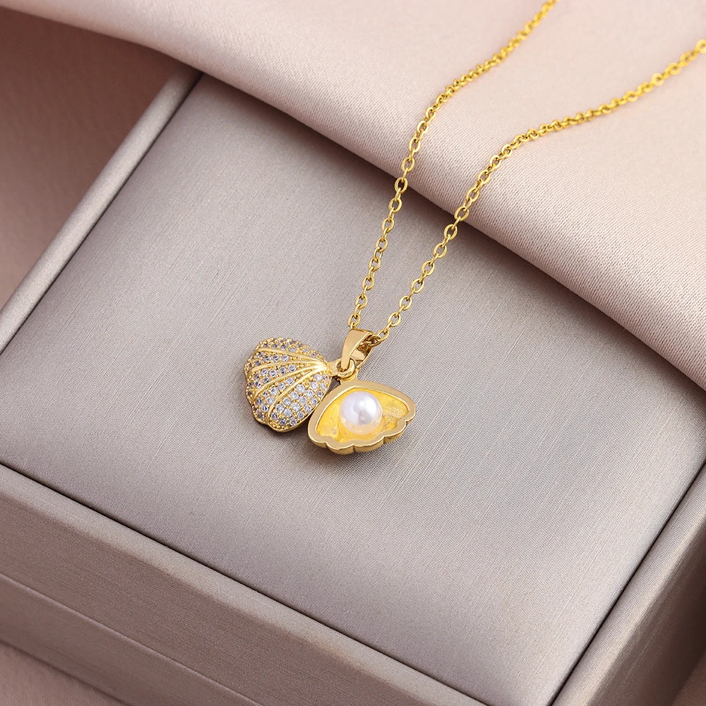 New In Sweet Sexy Zircon Inlaid Imitation Pearl Shell Pendant Necklaces For Women Female Stainless Steel Clavicle Chain Jewelry