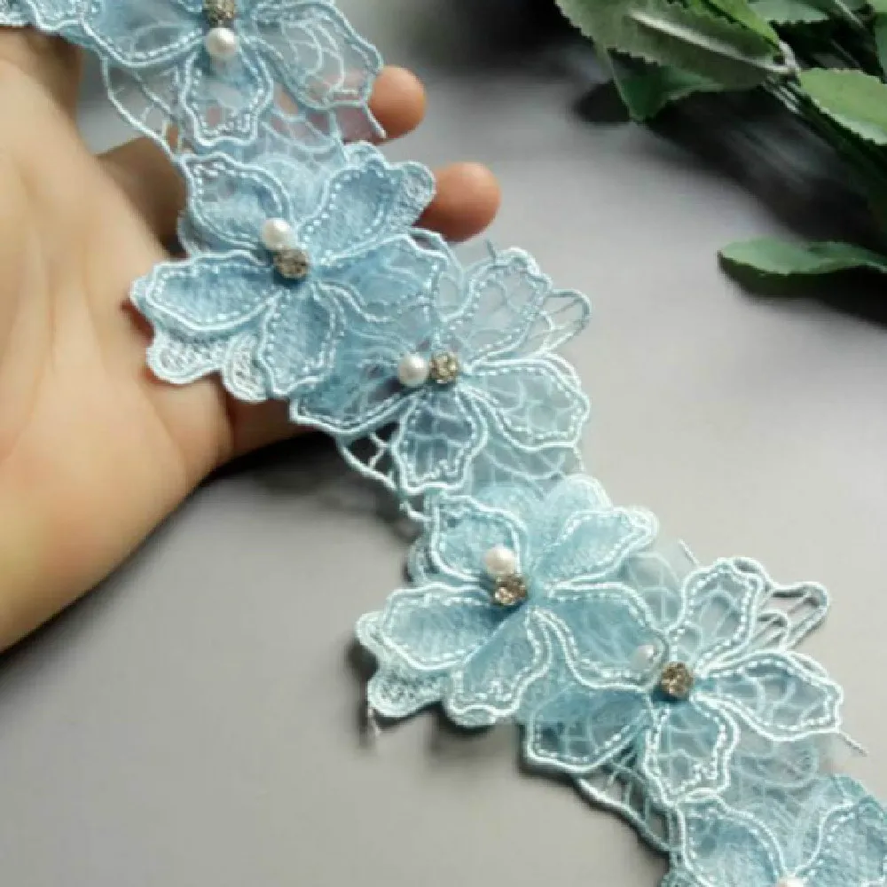 

2 yards Blue Pearl Flower Handmade Beaded Embroidered Net Lace Trim Ribbon Double Layered Applique Dress DIY Sewing Craft