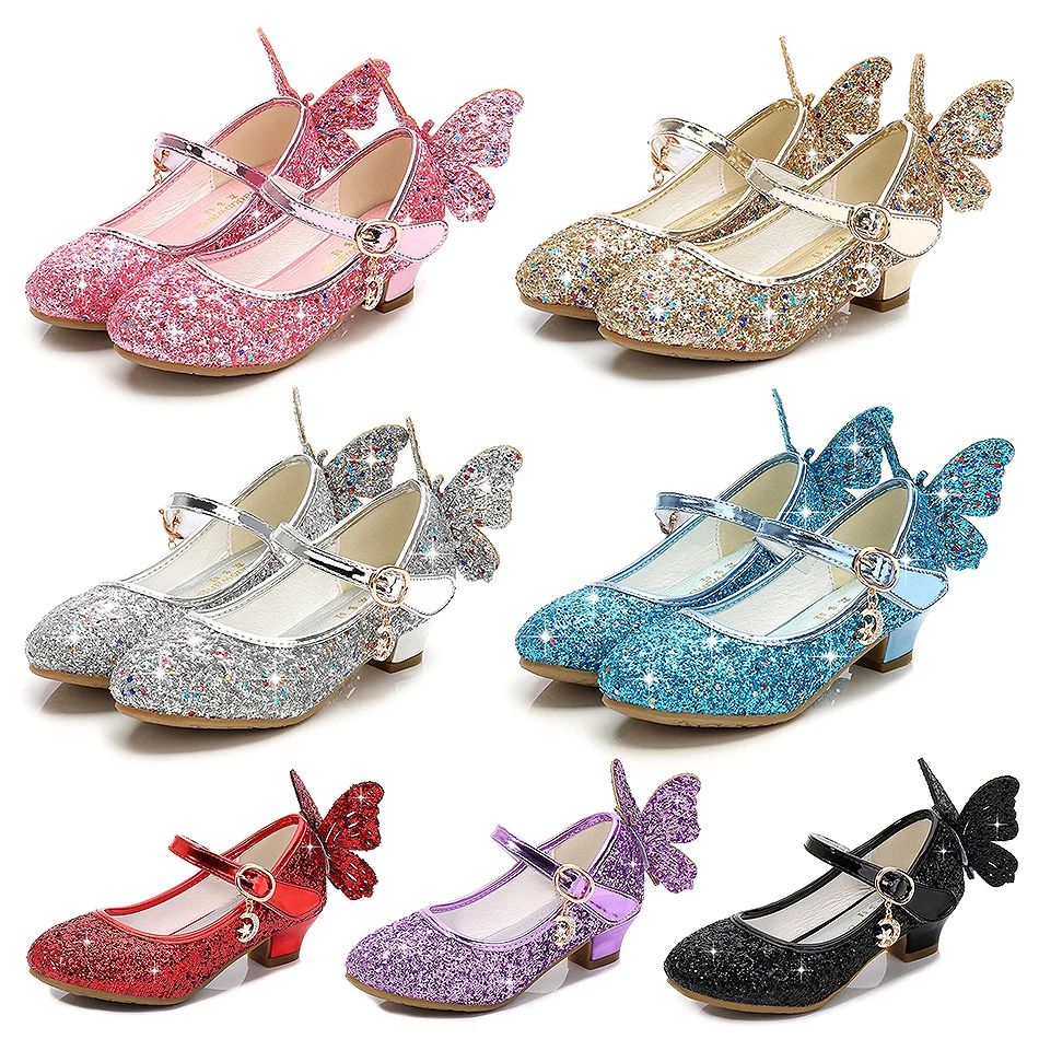 

Kid Spring Autumn Sequin Butterfly High Heel Fashion Leather Shoes Children Party Wedding Dance Crystal Princess Shoes for Girls