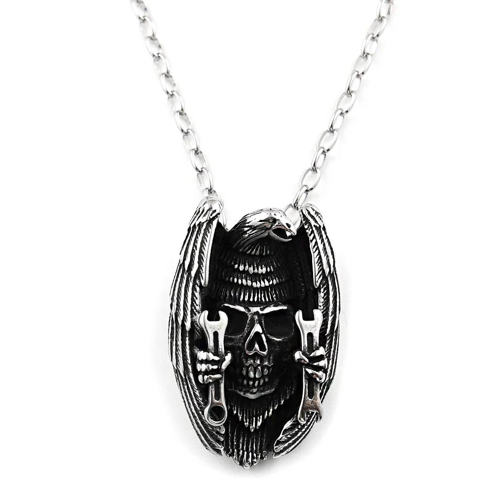 Goth Punk Vintage Stainless Steel Eagle Wing Skull Wrench Pendant Necklace For Men Women Silver Color Animal Chain Biker Jewelry