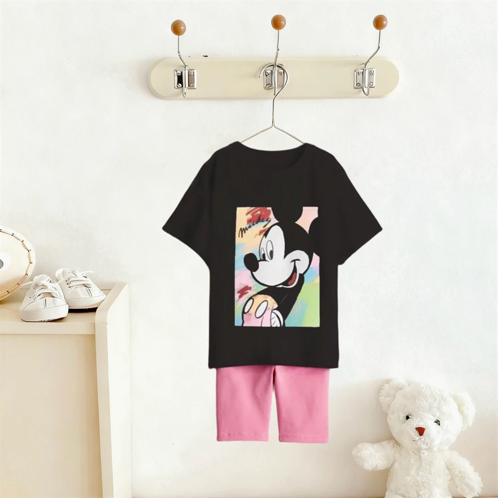 قميص أسود + شورت وردي 2 قطعة ملابس الصيف الرضع لطيف الطباعة تيز موضة تنوعا السراويل تصميم جديد ملابس المنزل وتتسابق