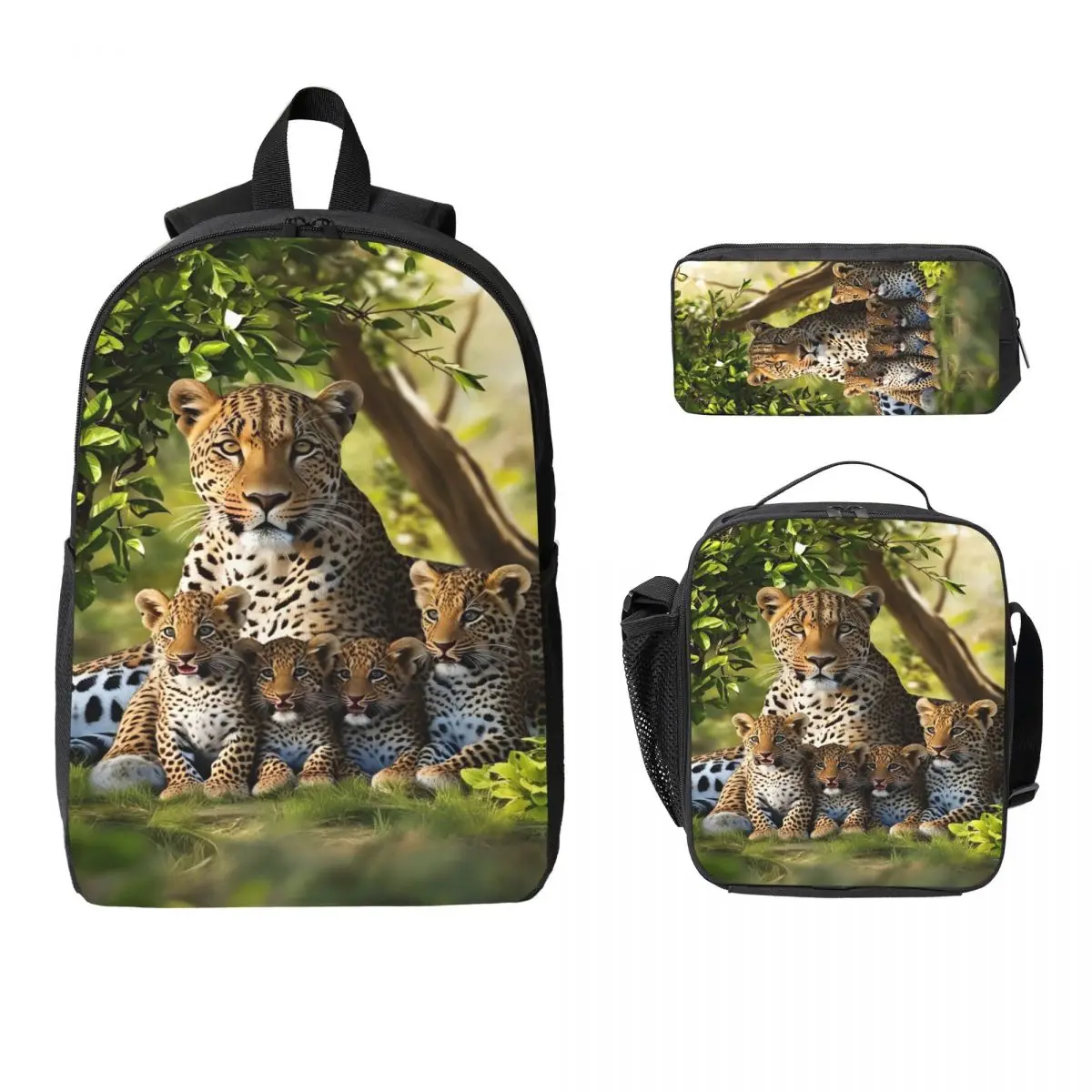

3Pcs Leopard Family Backpack Set for Children Pen Bags Bookbag Sets with Lunch Box For School Students Knapsack