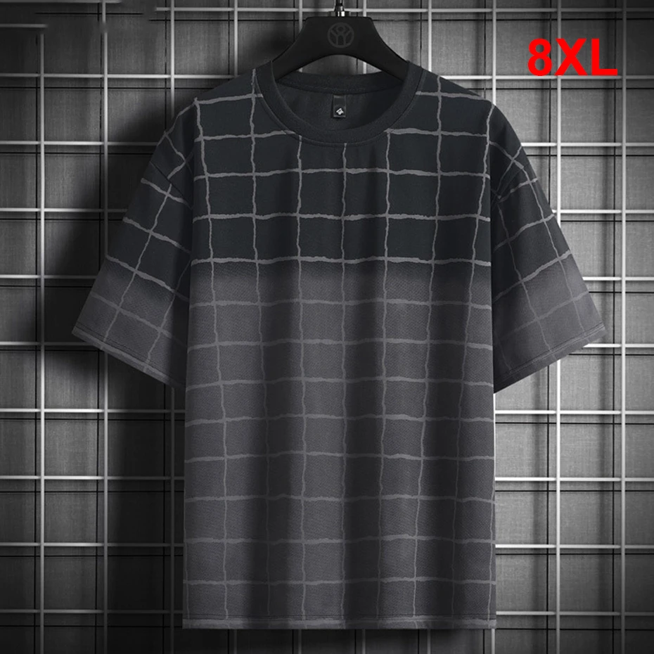 

Summer T-shirt Men Short Sleeve T-shirts 8XL Plus Size Fashion Casual Gradient Plaid Print Tops Tees Male Big Size Tshirt
