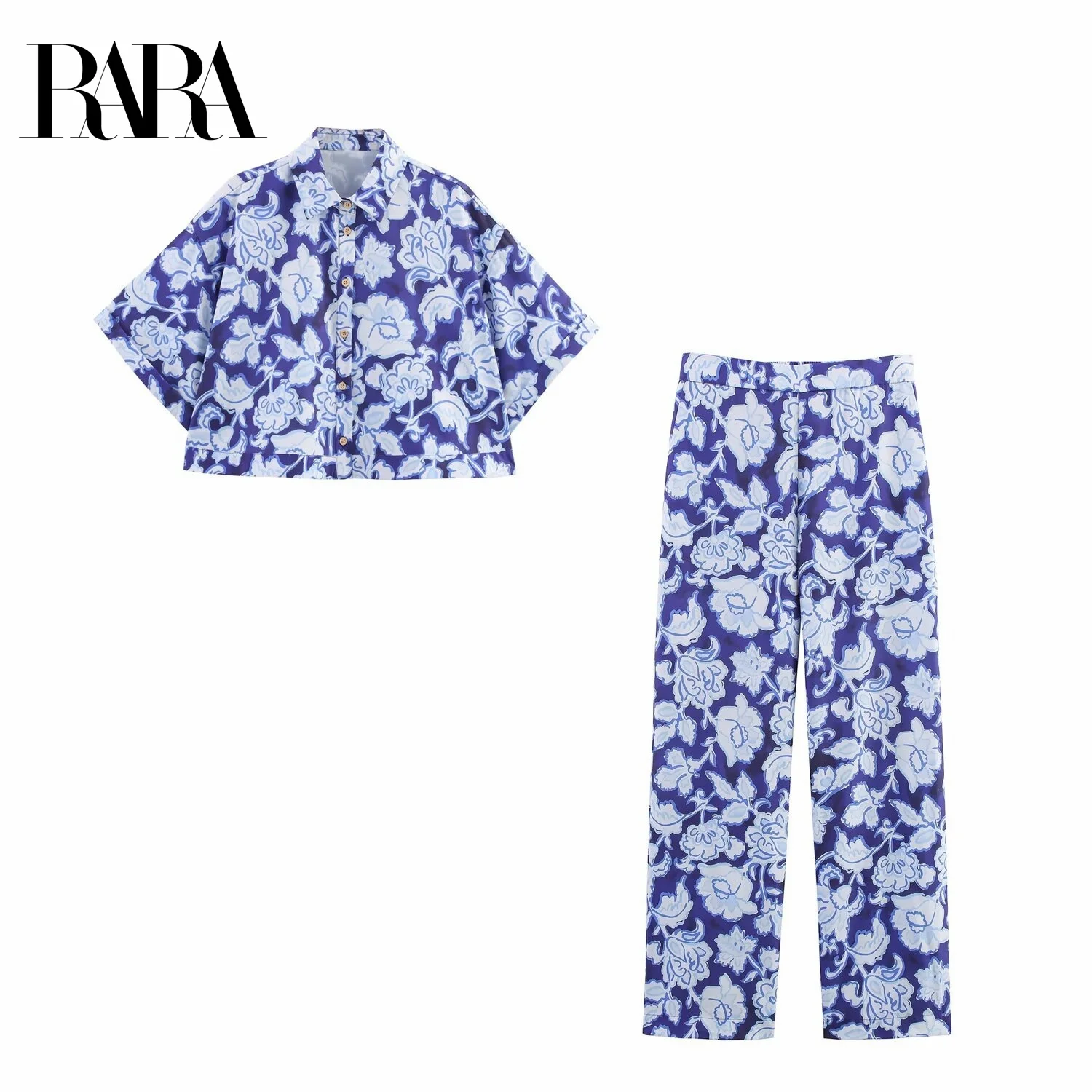 

2025RARA Summer New Women's Casual Simple Printed Short-sleeved Lapel Short Shirt With Loose Straight Trousers