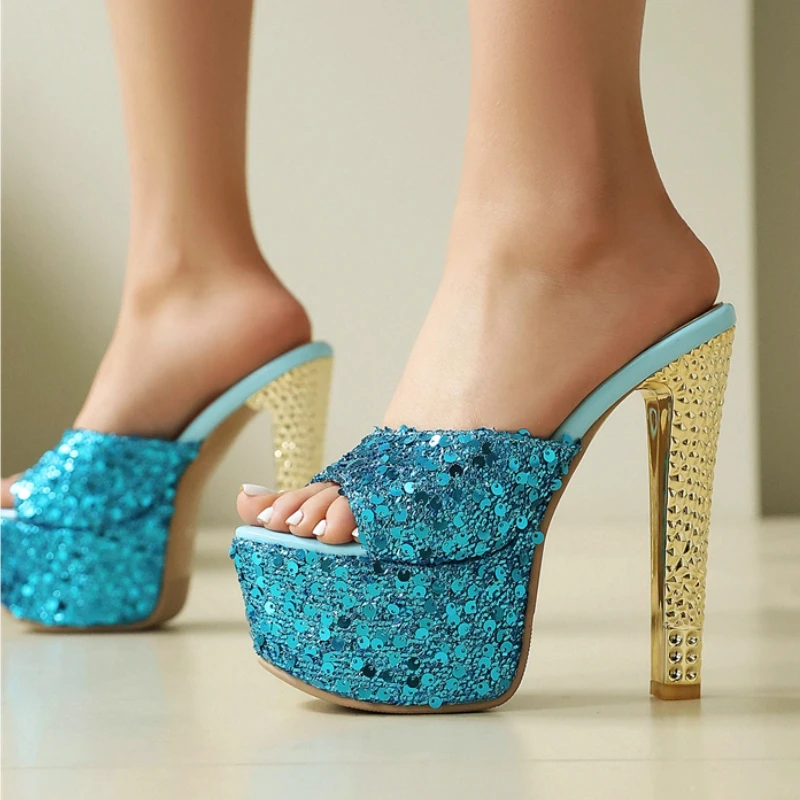 

Sexy Slippers Women Extreme High Heels Sandals Luxury Sequined Platform Summer Mules Shoes Female Red Blue Party Shoes Big Size