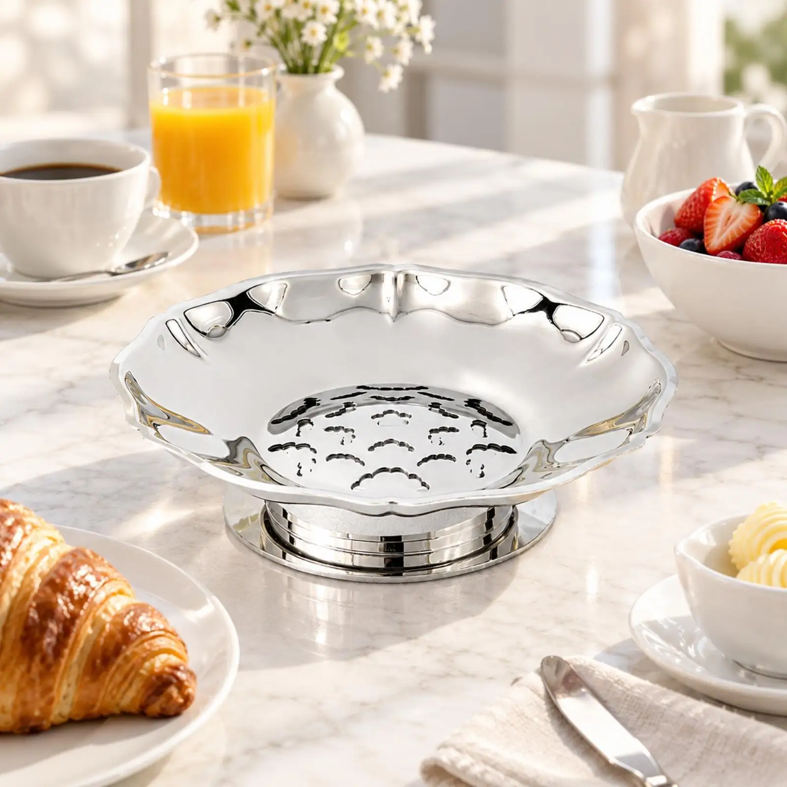 Polished Silver Butter Embossing Mold Stainless Steel Butter Dish with Perforated Center for Formal Dining