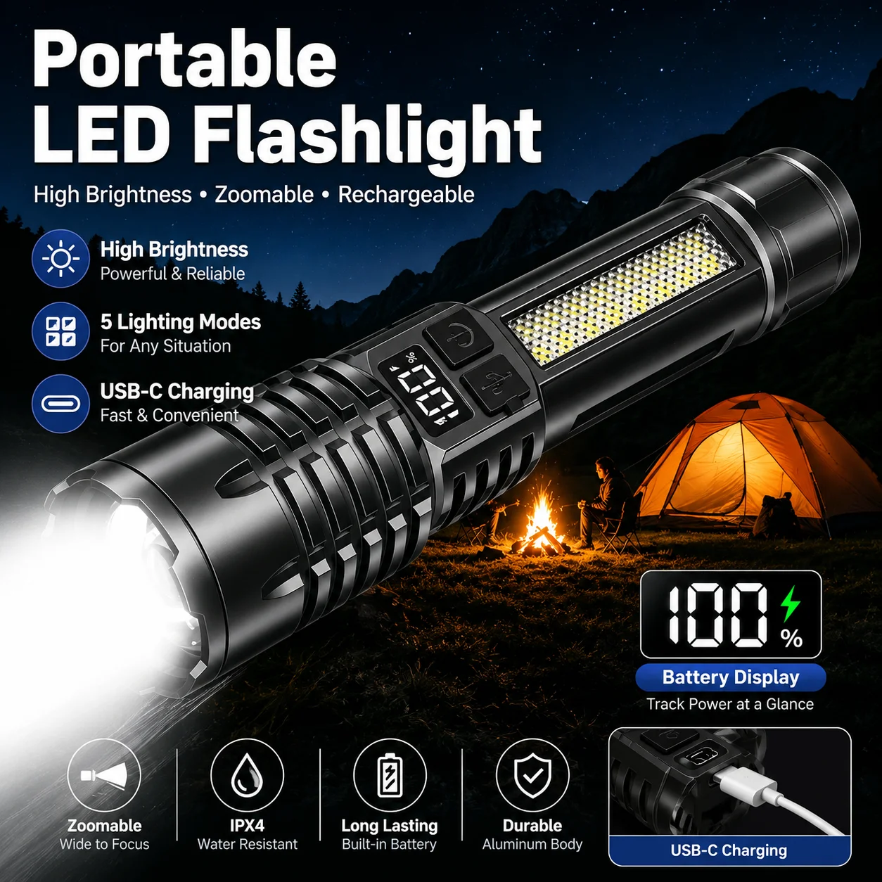 Rechargeable LED Flashlight with Zoom, Type-C Charging, COB Side Lamp, Waterproof Torch for Camping and Hiking, 1 or 2 Pack
