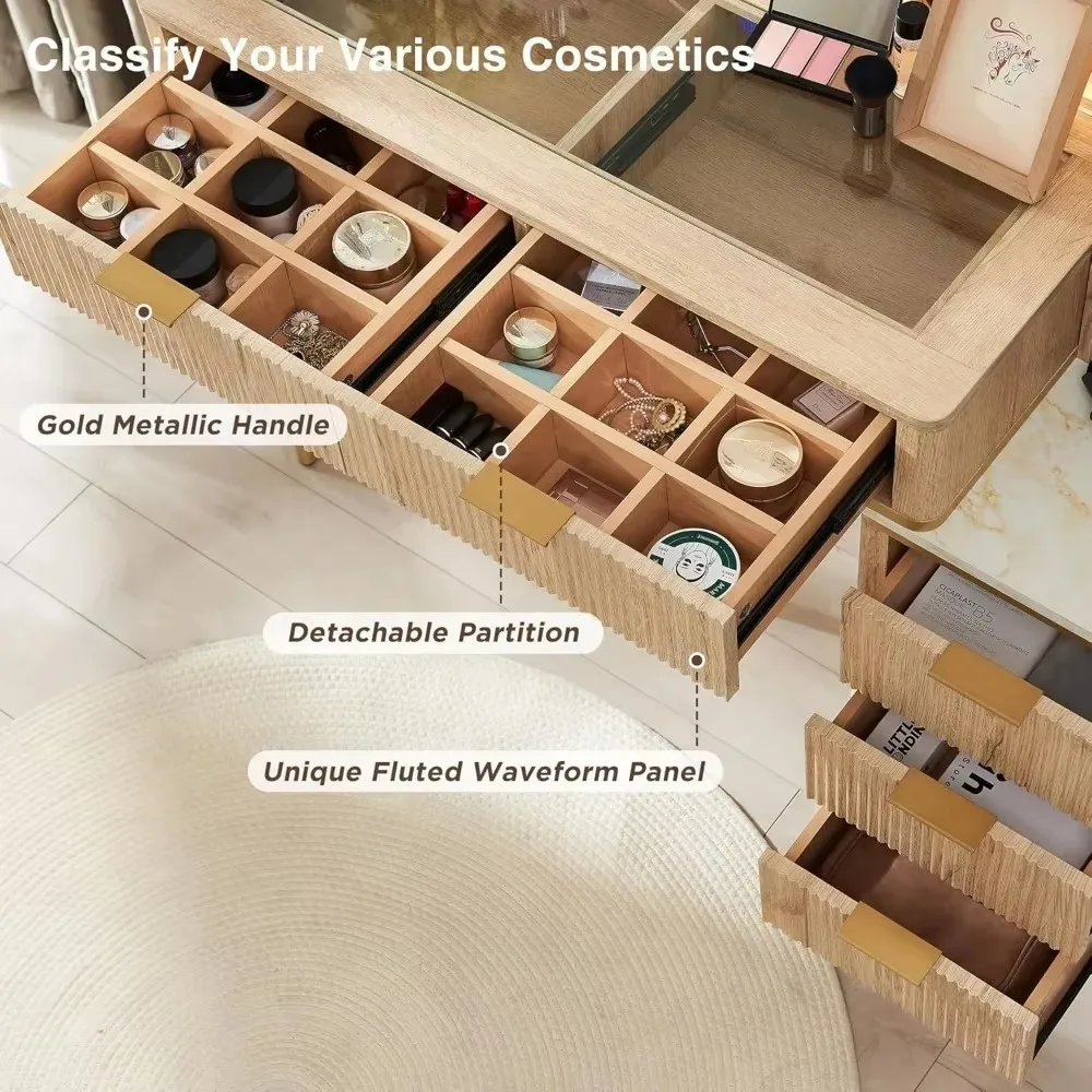 Vanity Desk with 36" HD Lighted Mirror,48" Big Modern Vanity Desk with Mirror and Lights,Dressing Table with 5 Drawers & Shelves image 4