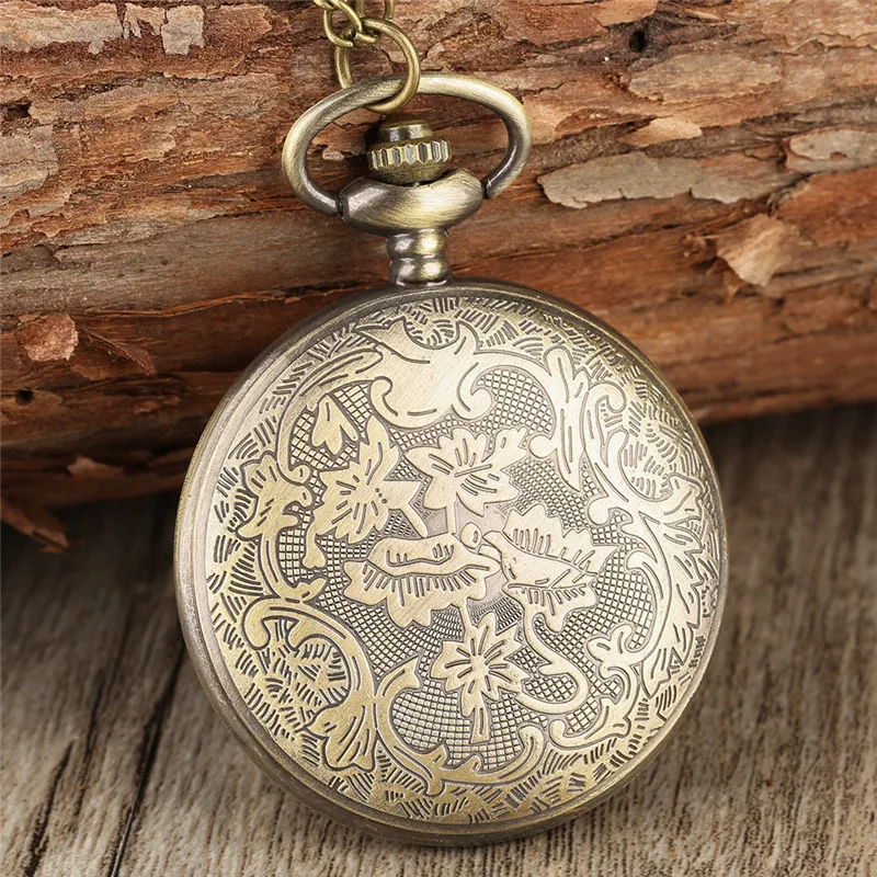 Bronze Engraved Castle Map Pattern Men Women Quartz Pocket Watch Sweater Necklace Chain Full Hunter Retro Timepiece Gift