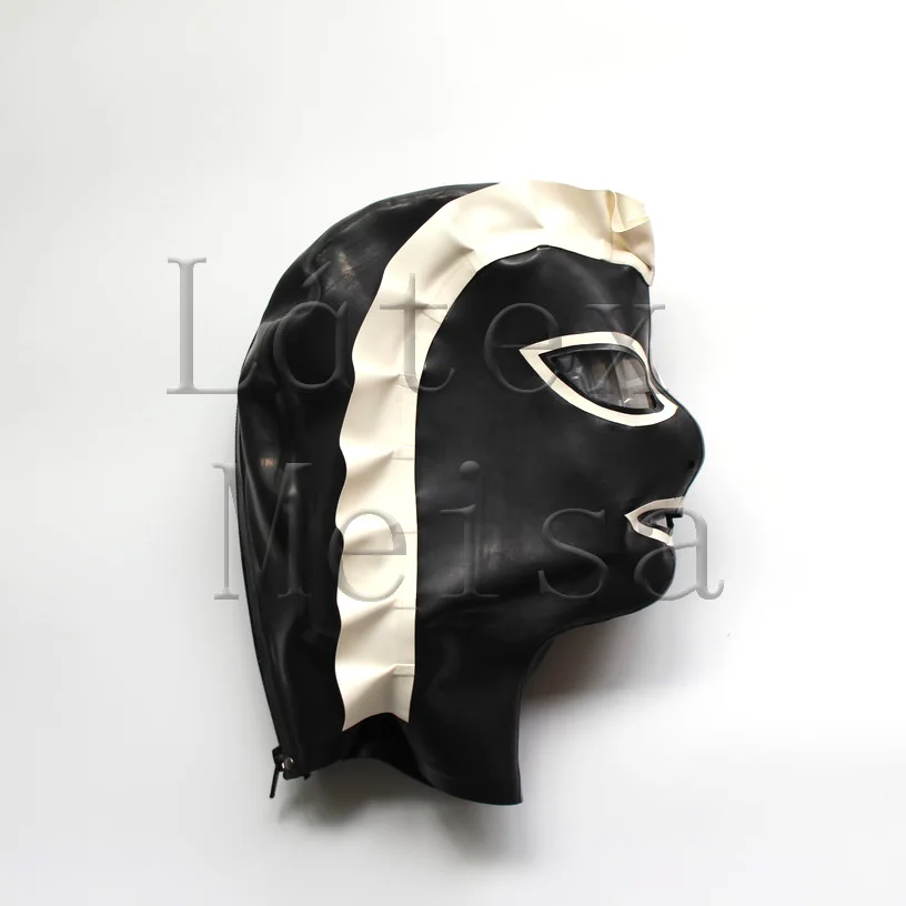 

Female latex masks maid open eyes mouth and nostrils main in black and white trim colors with back zip