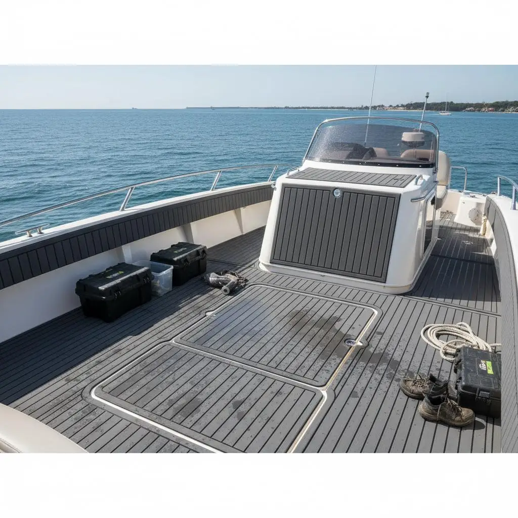 

Морской коврик 94,5 x 17,7 дюймов для яхт, понтонов, каяков, самоклеящийся коврик из ЭВА-пены, 11,6 кв. футов, серый с черными полосами, Trimmab