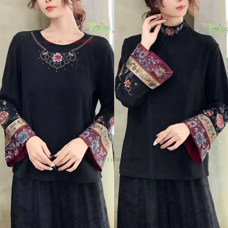 تي شيرت صيني تقليدي لعام 2025 قميص شعبي مبطن بالزهور الوطنية قميص هانفو عتيق قميص عرقي قاعدة