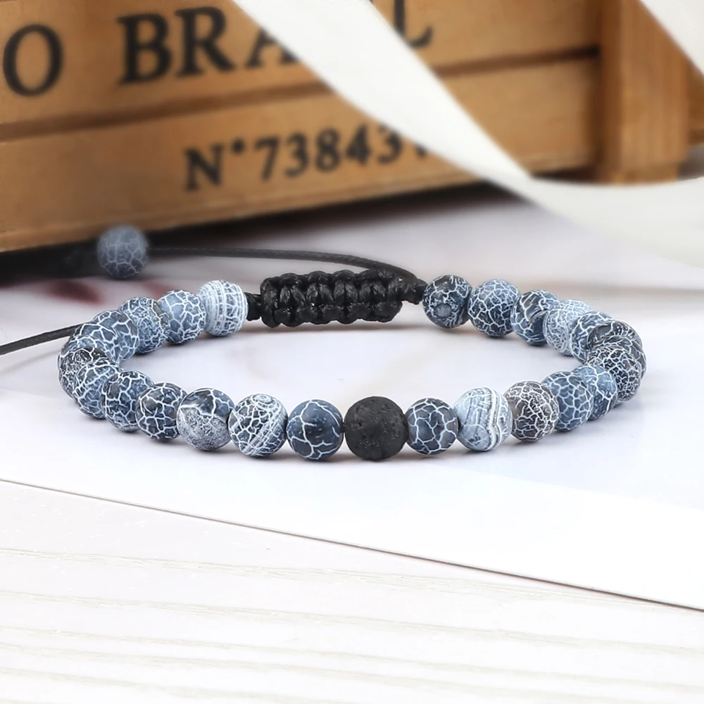 Natural Black Lava&Weathered Stone Bracelets For Men Women 6mm Beaded Braided Rope Bangles Adjustable Couple Style Jewelry Gifts