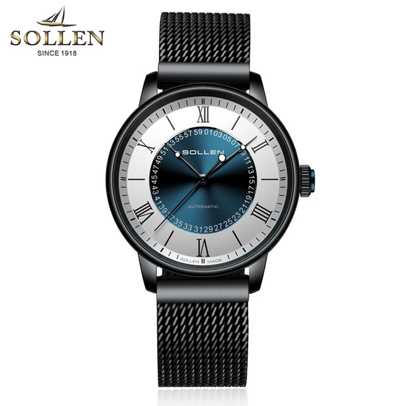 SOLLEN flambant neuf haut de gamme mode montre mécanique creuse hommes en acier inoxydable étanche luxe automatique squelette montres hommes