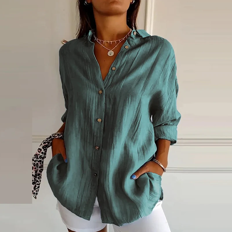 Spring Autumn Solid Casual Shirt Women Turn Down Collar Long Sleeve Button Up Blouses For Women Loose Tops