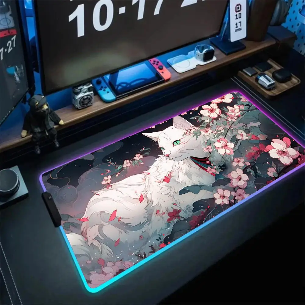 Cat Mouse Pad RGB Lighted Mousepad Mechanical Keyboard Pads Office Computer Accessories Carpet Mats LED Anti-slip Game Table Mat