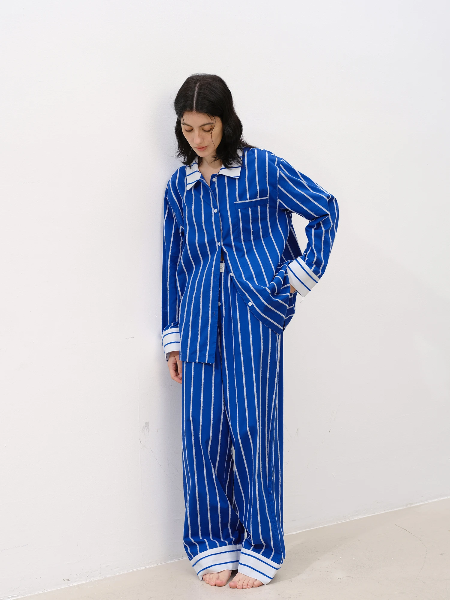 

FORRETRO Пижама унисекс из чистого хлопка с контрастными полосками Klein Blue, с длинными рукавами и брюками, для дома, весна-лето-осень