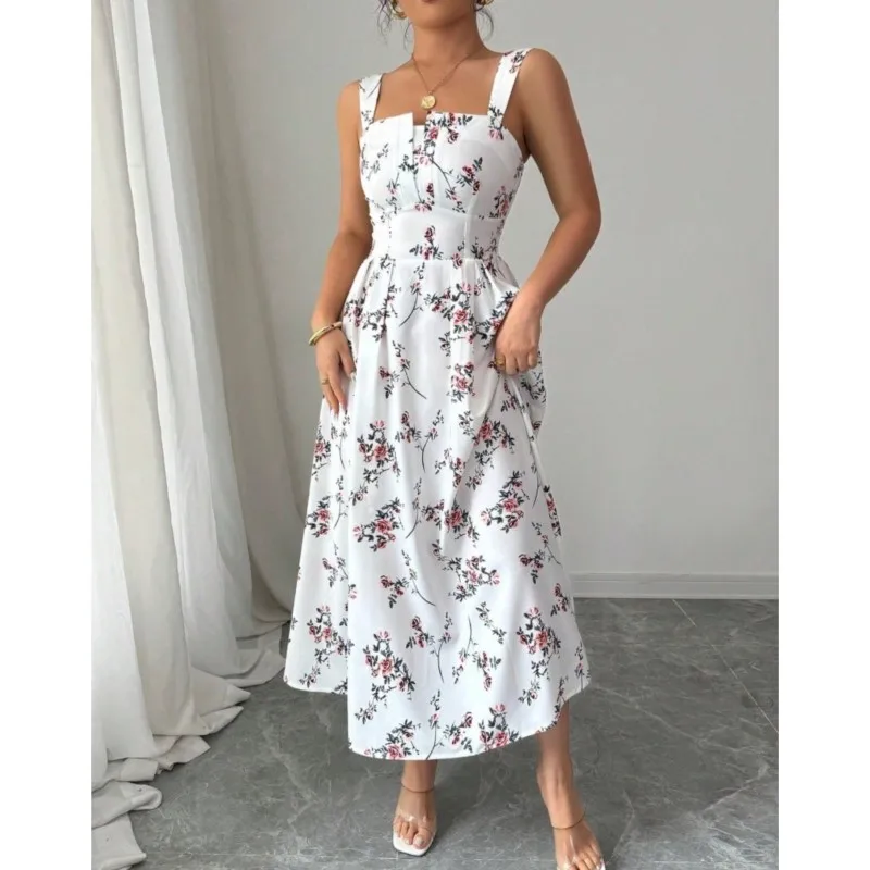 Sexy Spaghetti-Träger-Kleid für Damen, Weiß mit Blumenmuster, Tiefsitzende Taille, A-Linie Midi-Urlaubskleid, Party-Robe, Vestido, Sommer 2026 Neu