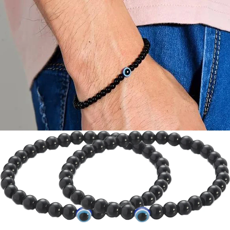 Bracciale turco blu malocchio Bracciale in pietra naturale nera Perline di ossidiana per donna Uomo Yoga Gioielli a mano Regali 6mm